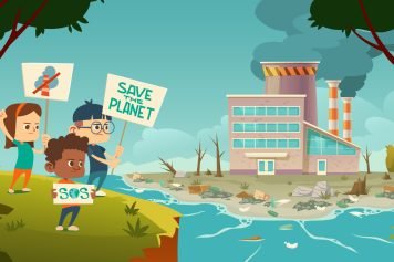 Eco protest, kids with save planet banners strike against ecology pollution at factory with smoking pipes, rubbish floating in polluted ocean, lie on beach, deforestation. Cartoon vector illustration